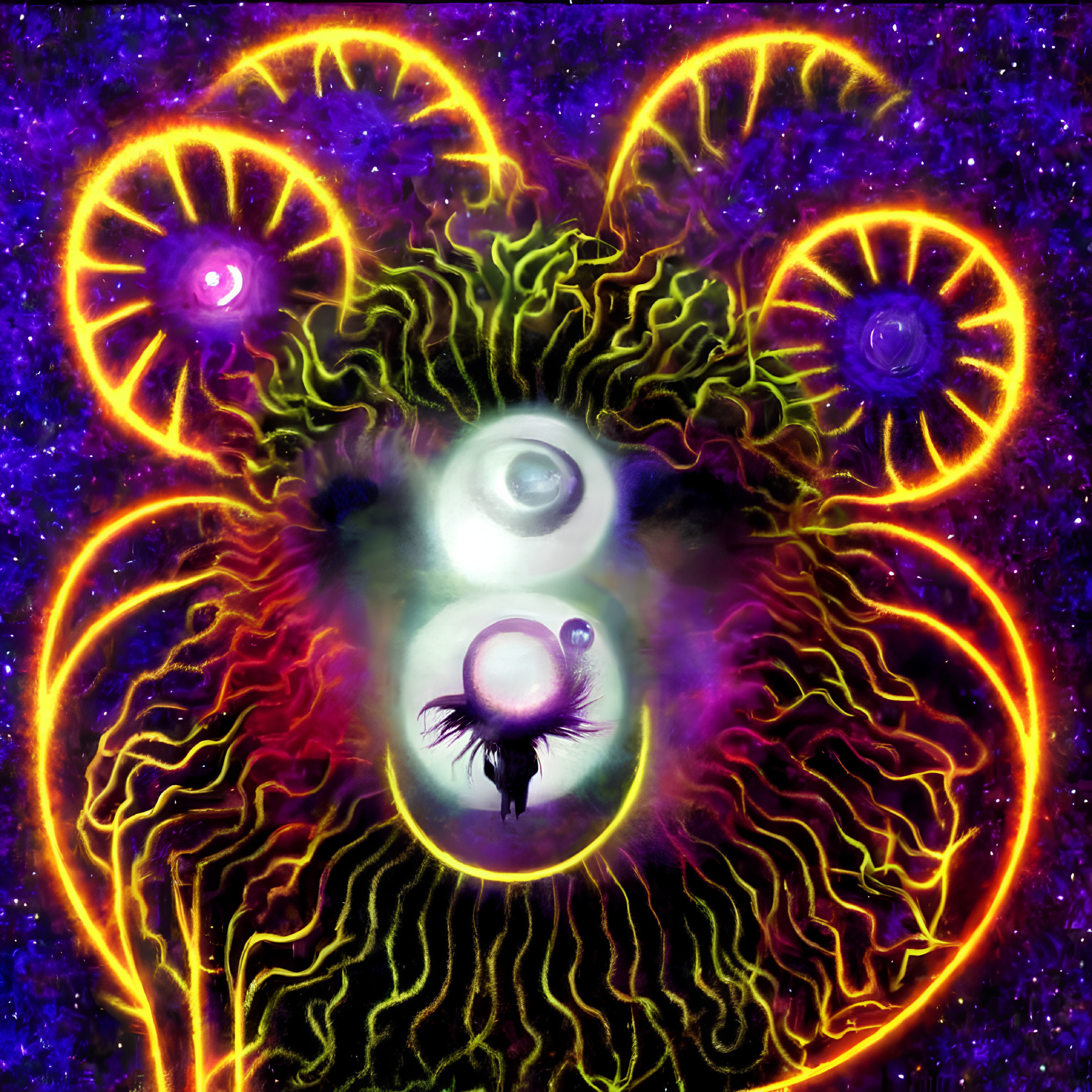 Cosmic entity with three eyes and tentacles in starry purple space