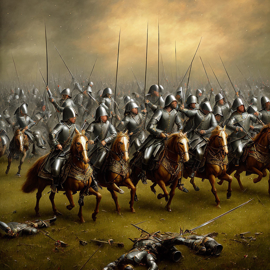 Armored medieval knights on horseback in battlefield scene