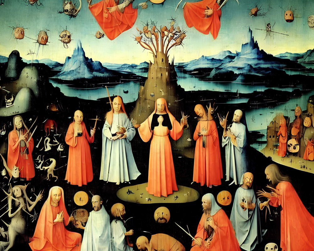 Surreal painting featuring hybrid creatures, angels, people in robes, and a tree growing from a