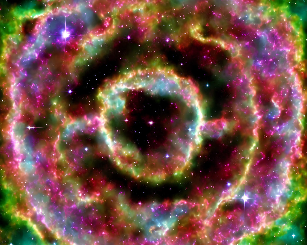 Vibrant Ring-Like Nebula in Purple, Green, and Yellow