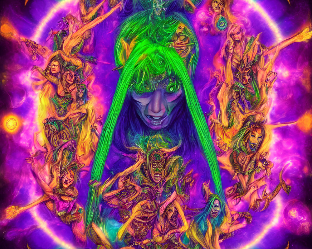 Colorful Psychedelic Artwork Featuring Green-Haired Figure and Fantastical Beings