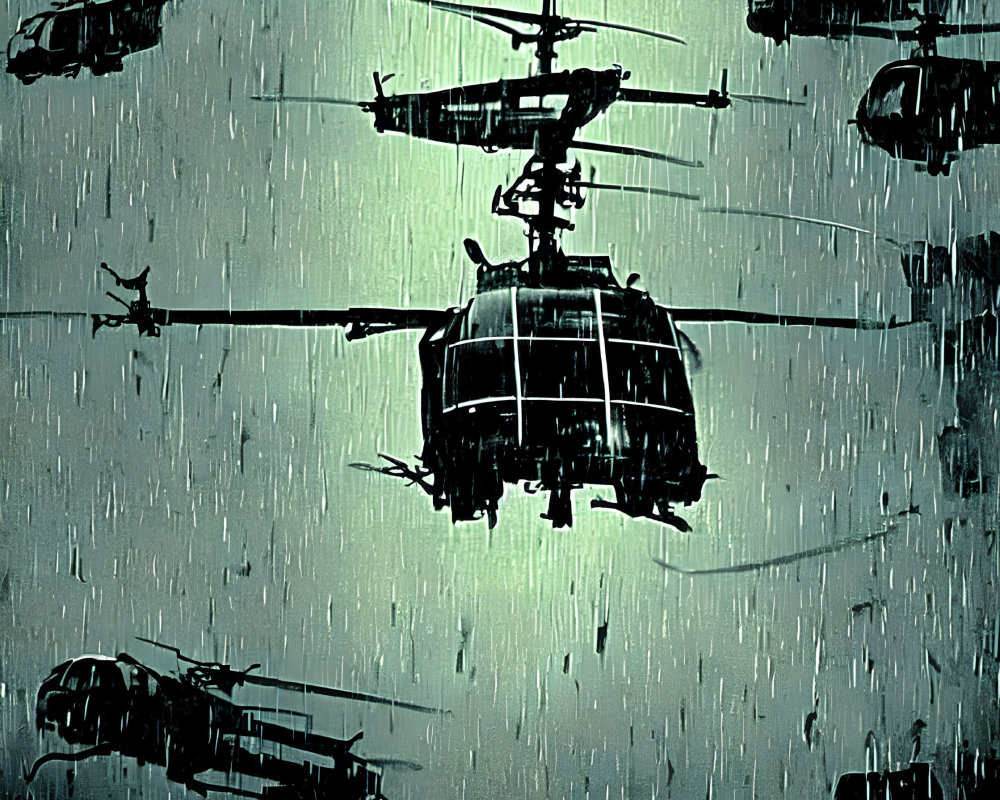 Military helicopters flying in formation under heavy rain with a dramatic greenish tint.