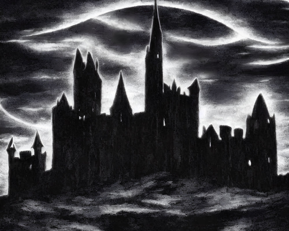 Monochrome gothic castle silhouette under swirling ominous clouds