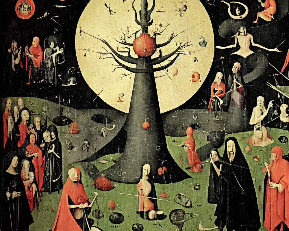 Medieval-style triptych painting with surreal apple tree and ominous figures