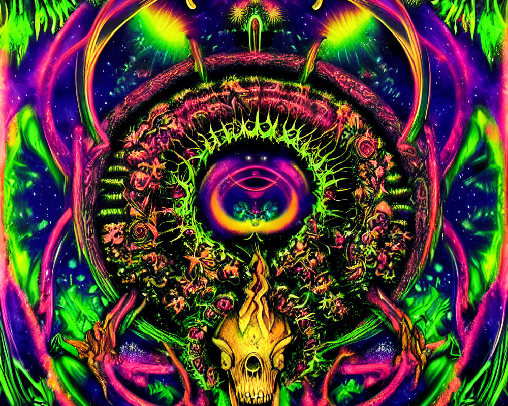 Colorful Psychedelic Artwork with Skull and Eye-like Design