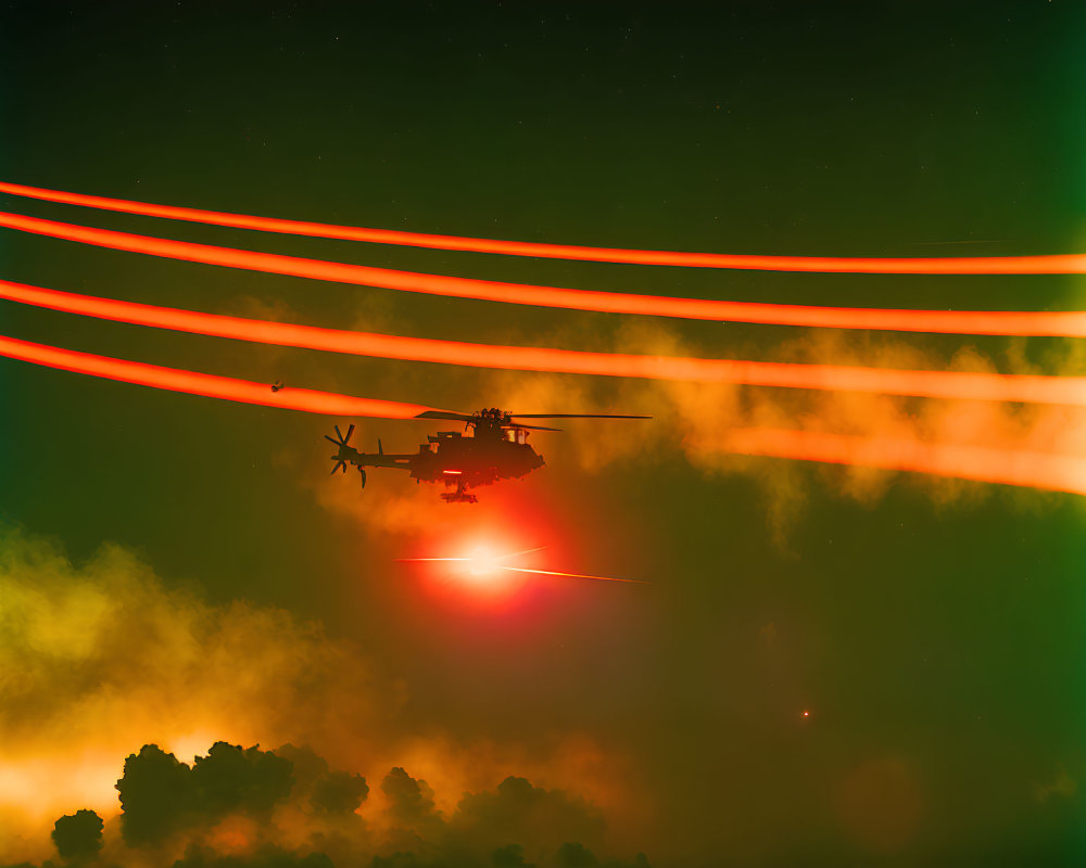 Helicopter with Glowing Red Lights in Smoky Dusk Sky