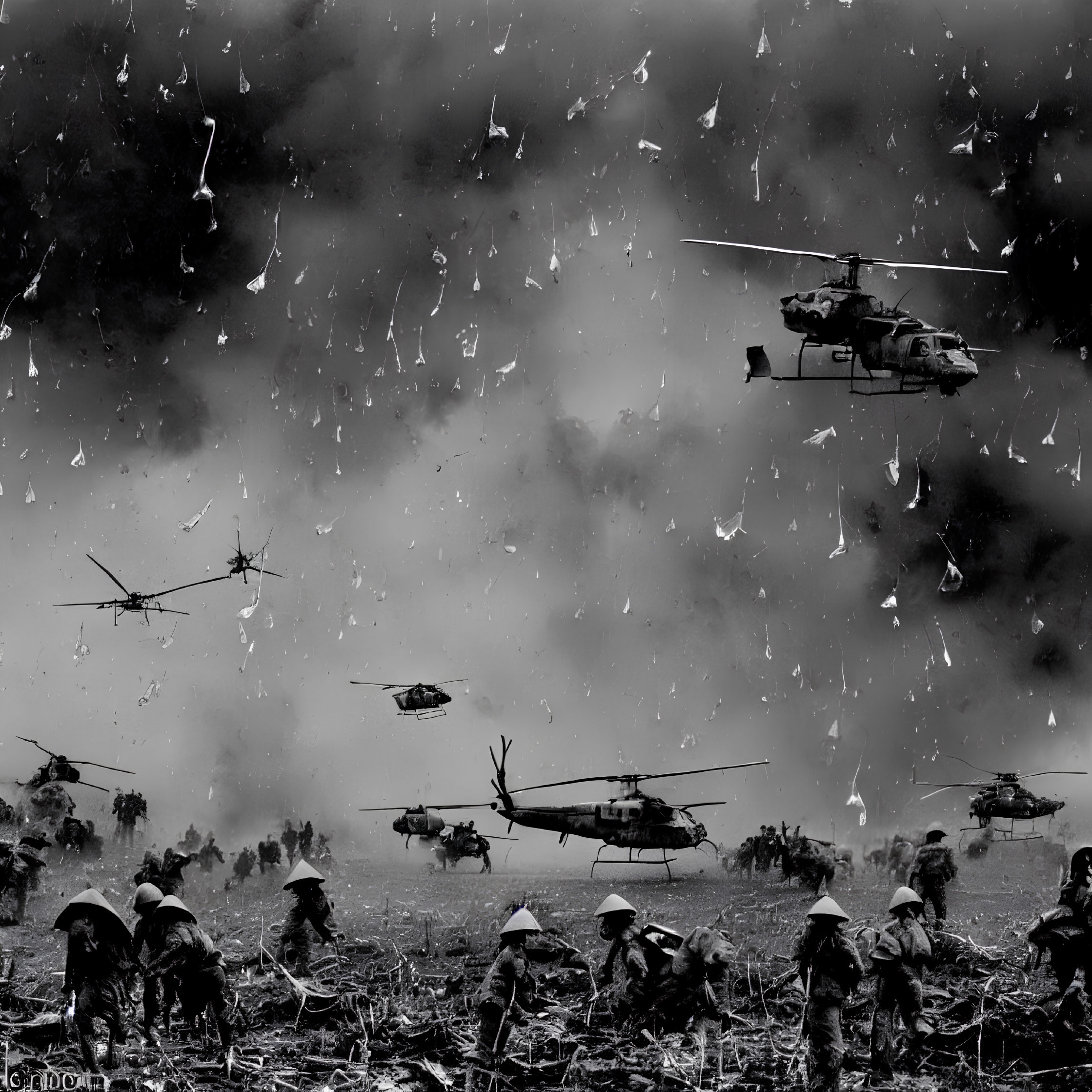 Monochrome battle scene with soldiers, debris, and helicopters