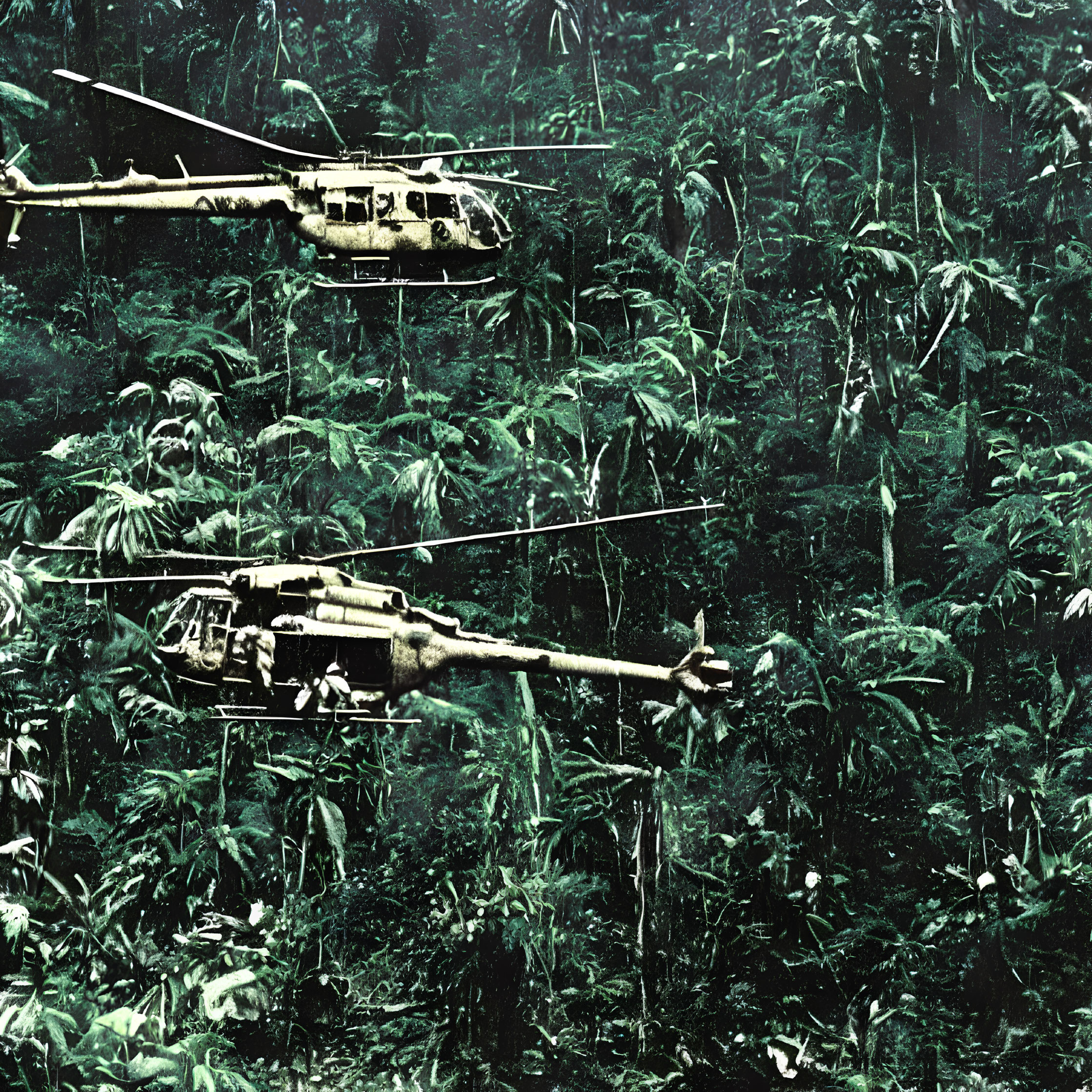 Military helicopters fly low over dense jungle canopy