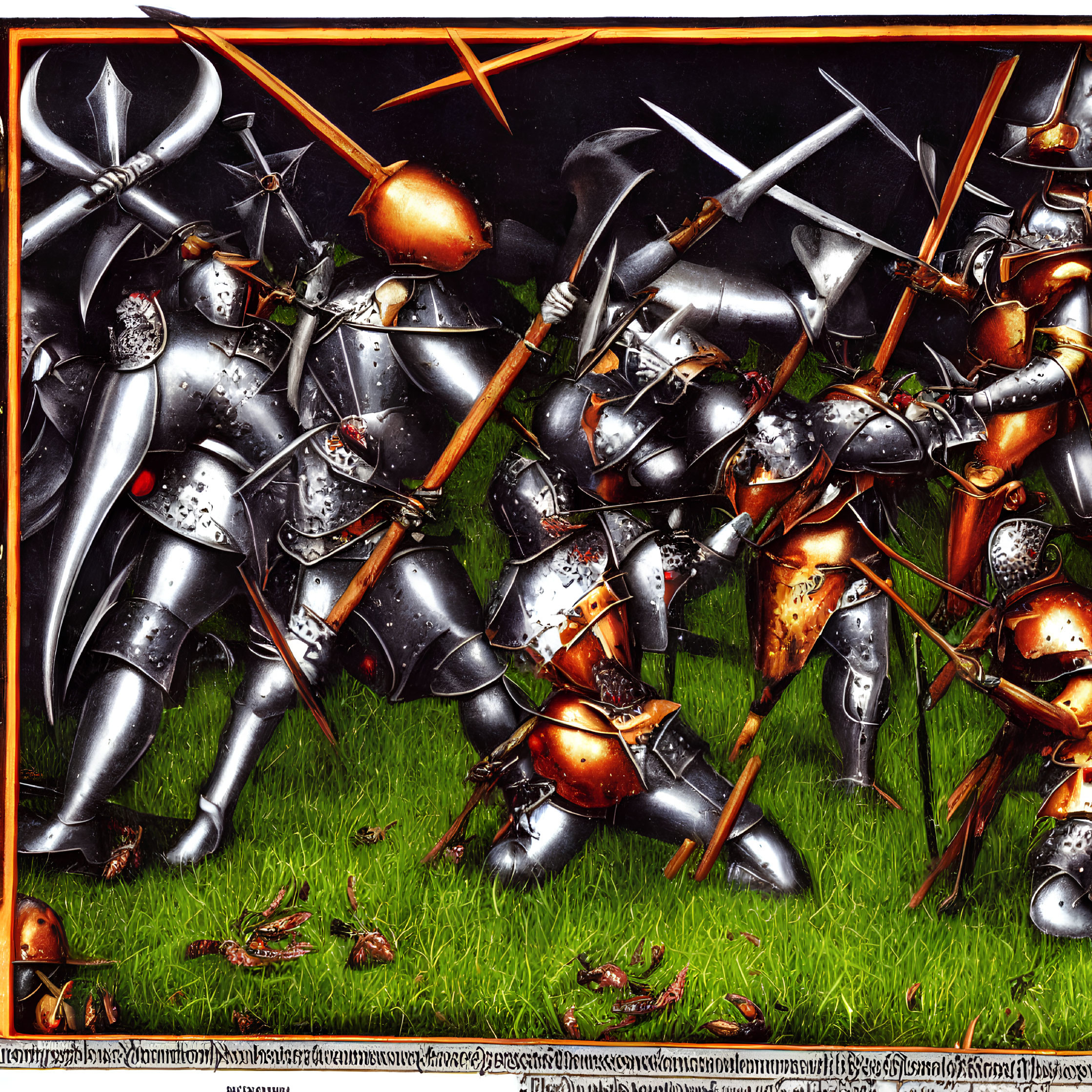 Medieval knights battle scene with swords and shields on grassy field