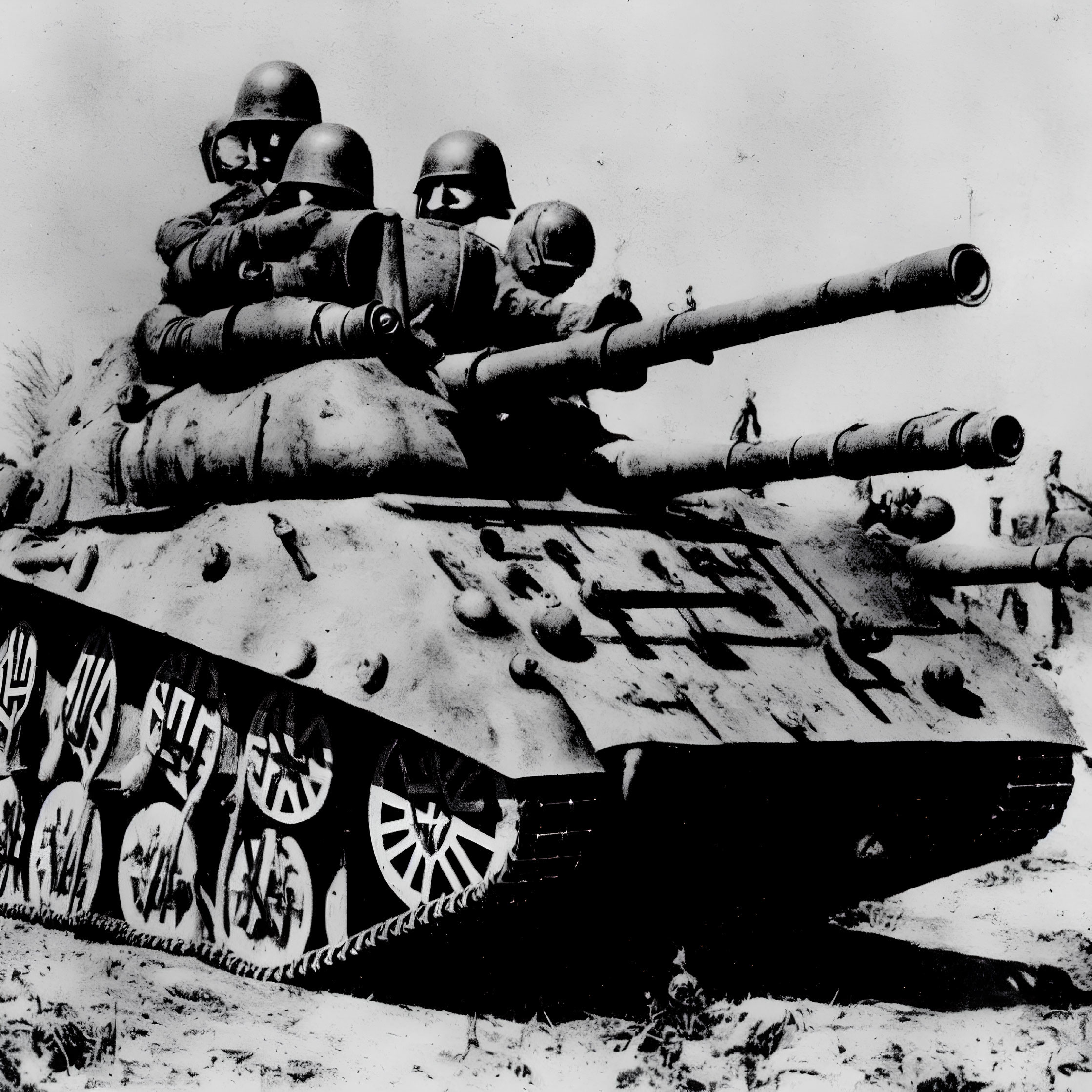 Black and white wartime photo of soldiers on camouflaged tank with guns