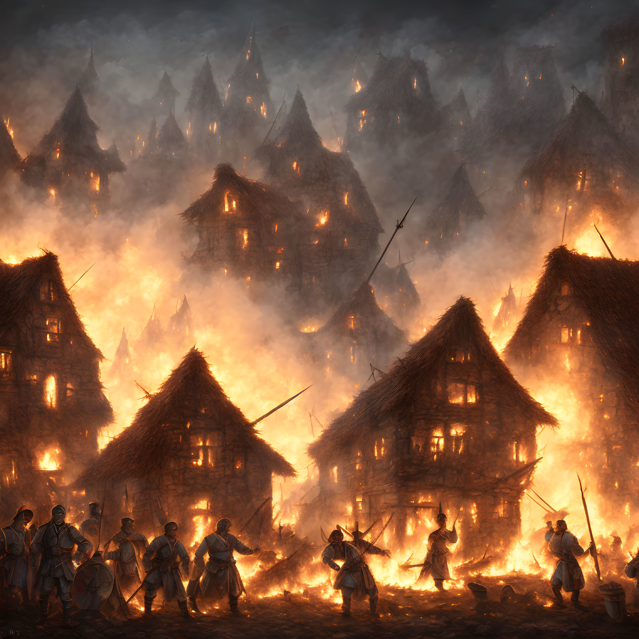 Medieval village night scene with armed figures and burning thatched roofs