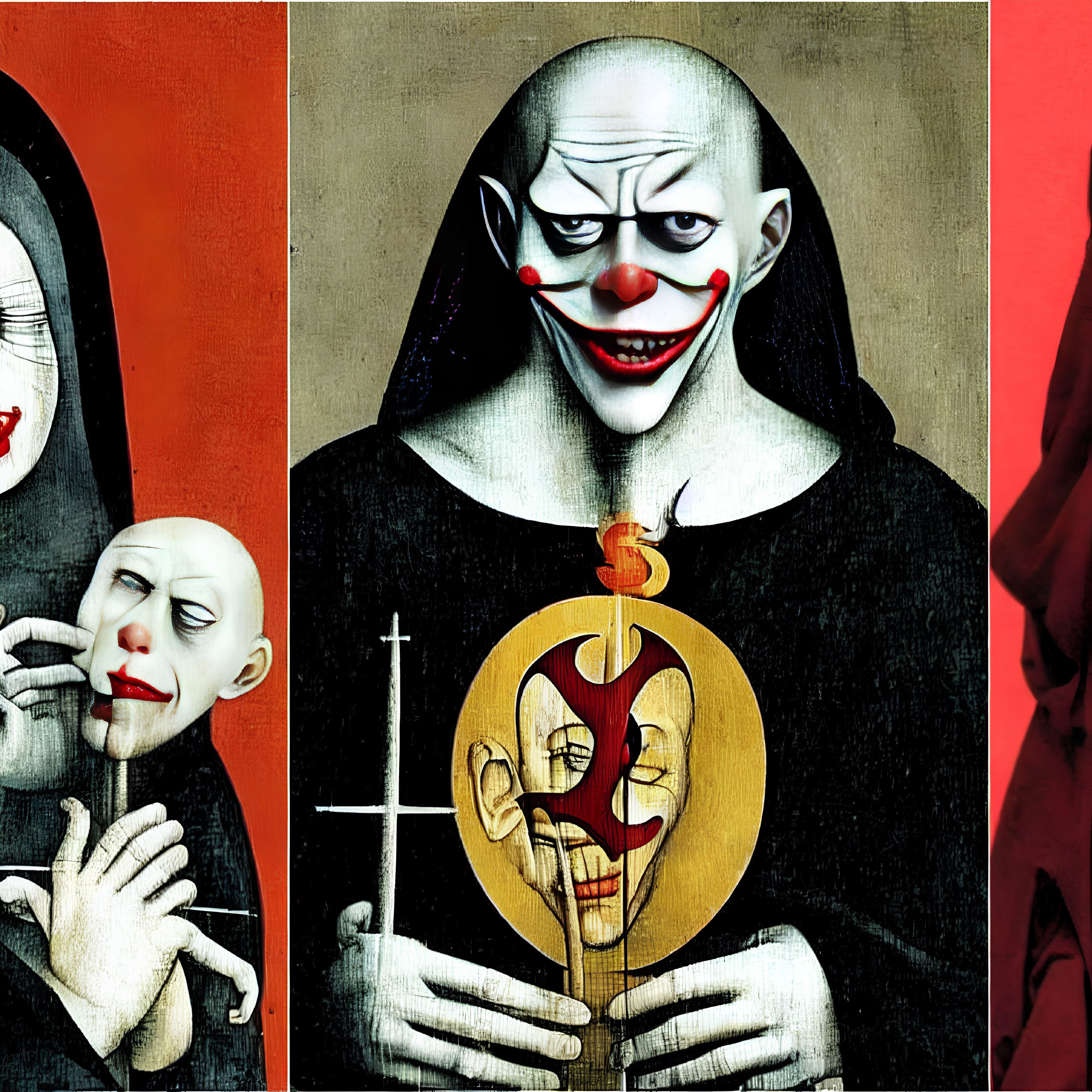 Sinister clown triptych with mask, cross, and apple skull in red and black palette