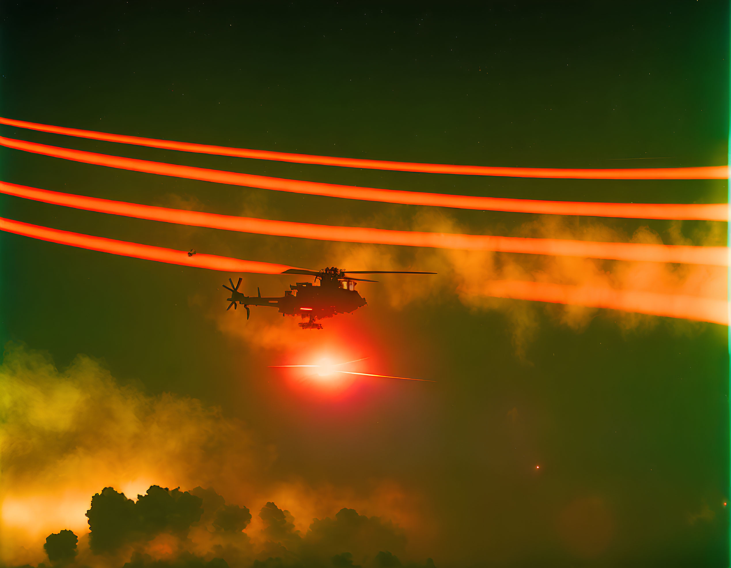 Helicopter with Glowing Red Lights in Smoky Dusk Sky