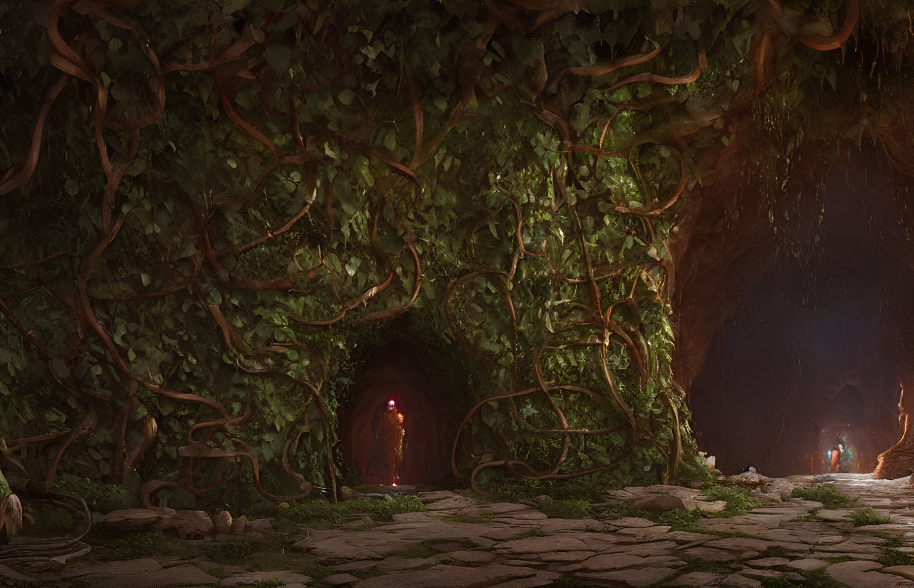 Ethereal forest scene with mystical cave entrance and glowing light