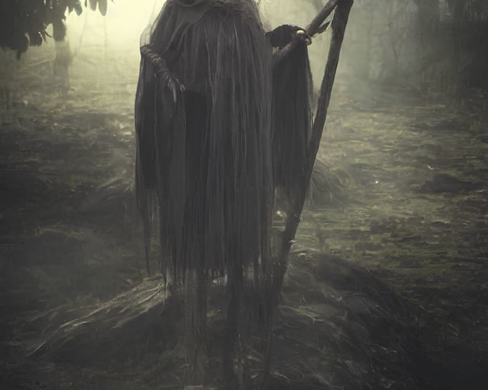 Mysterious figure with staff in foggy forest