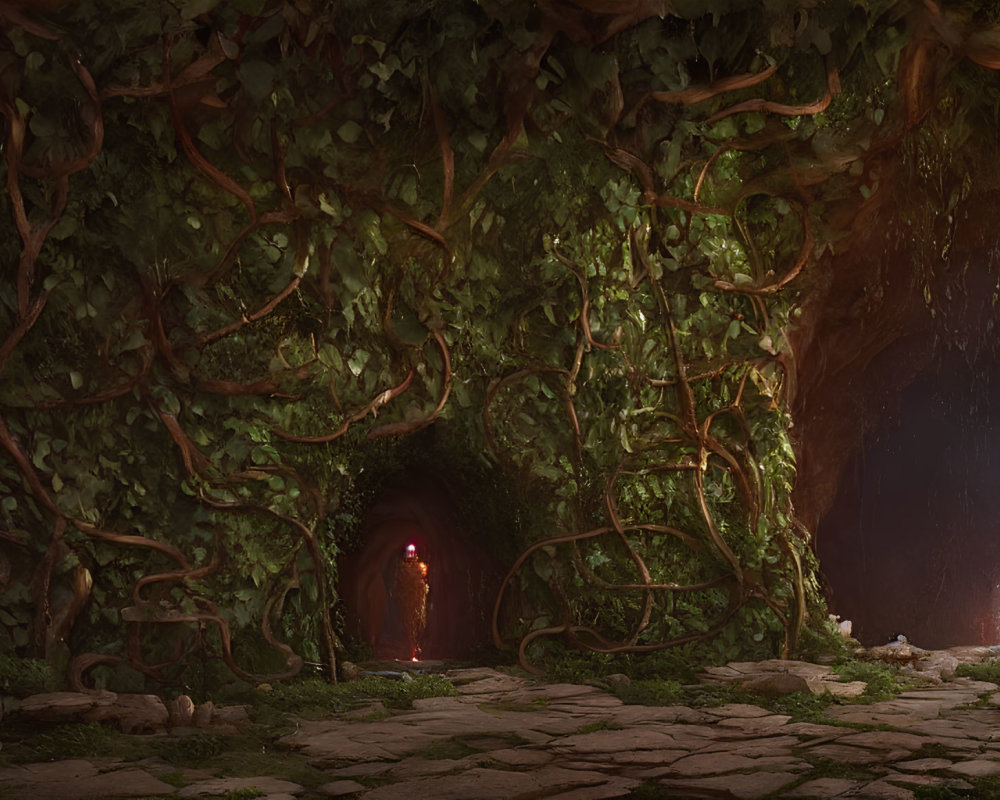 Ethereal forest scene with mystical cave entrance and glowing light