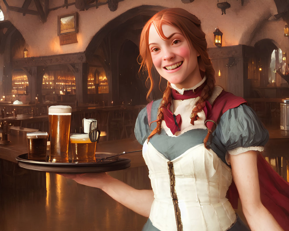Traditional Attire Waitress Serving Beer in Rustic Tavern