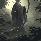 Mysterious figure with staff in foggy forest