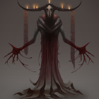 Dark fantasy creature with horns and glowing red eyes in shadows