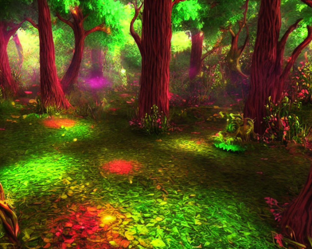 Vibrant mystical forest glade with colorful light and purple haze