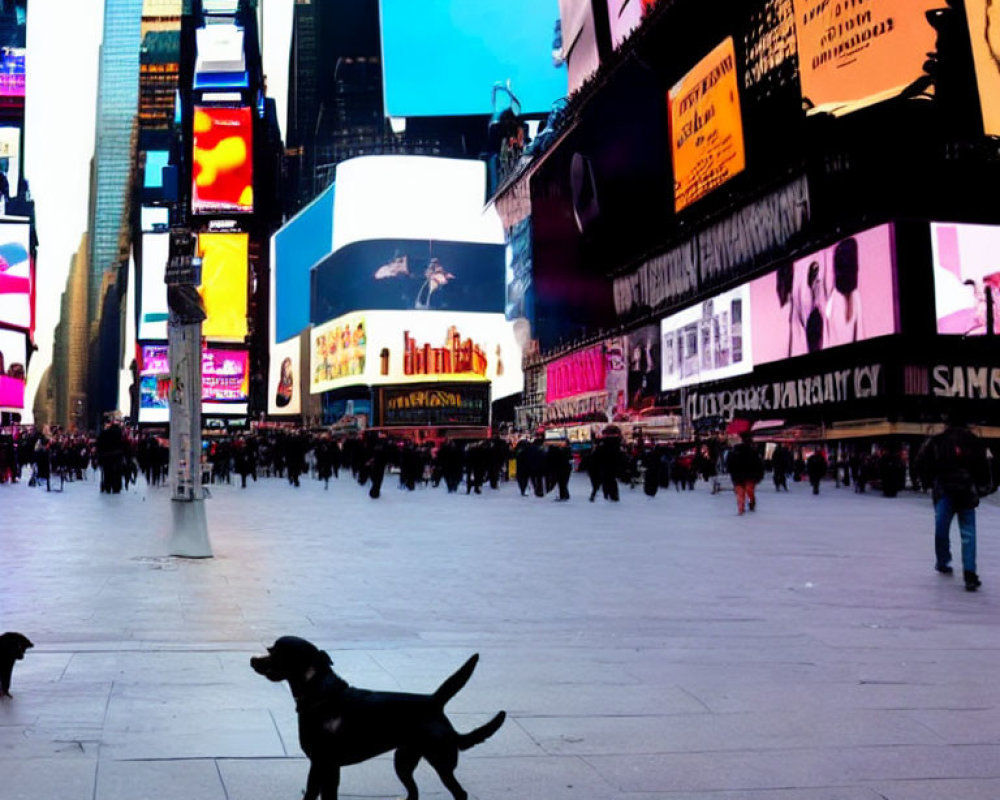 Small black dog in Times Square with vibrant billboards and crowd.