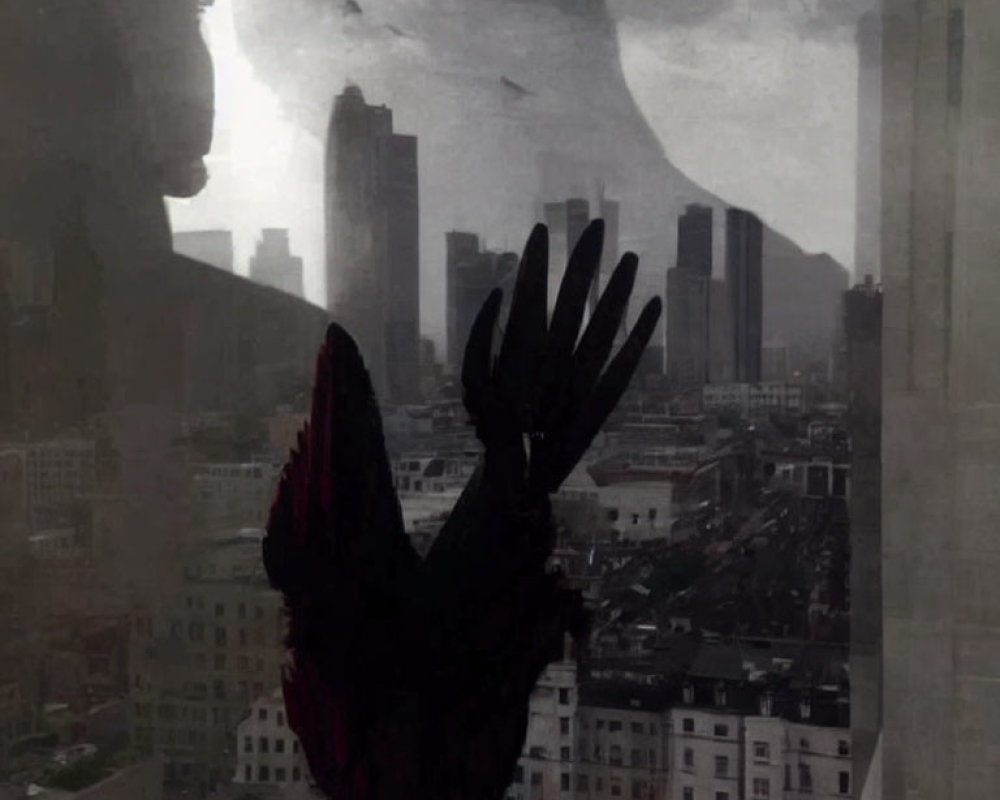 Silhouette of person at window with gloomy cityscape and flying birds