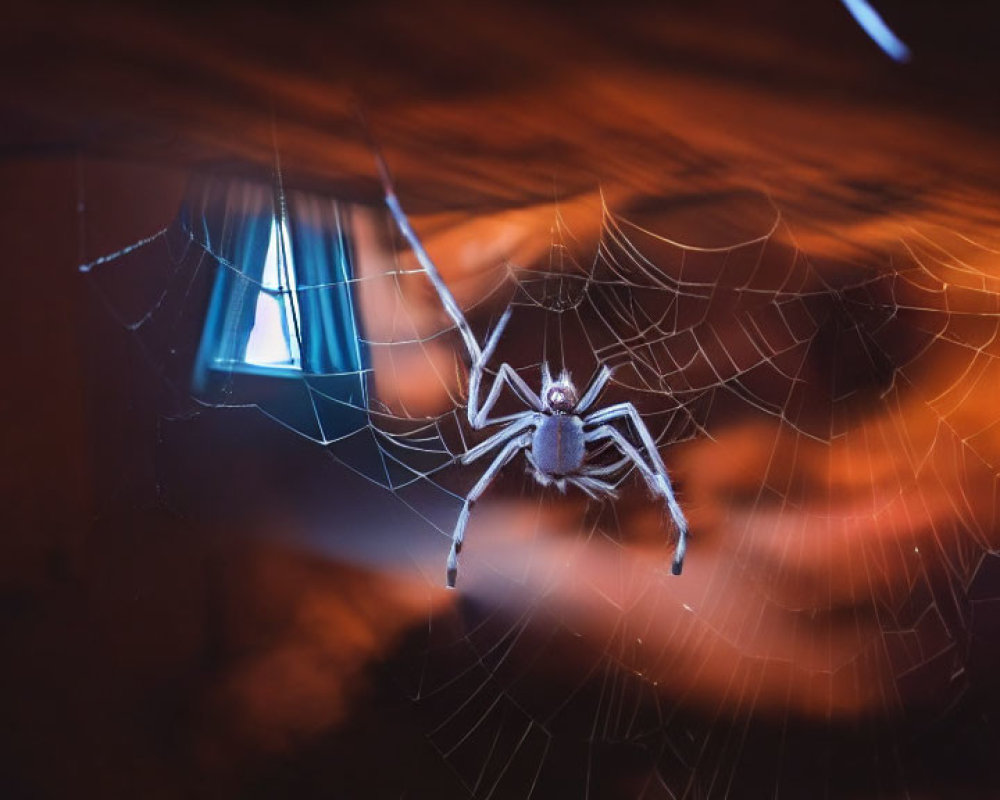 Spider hanging in web with warm glowing lights and lampshade in angular perspective
