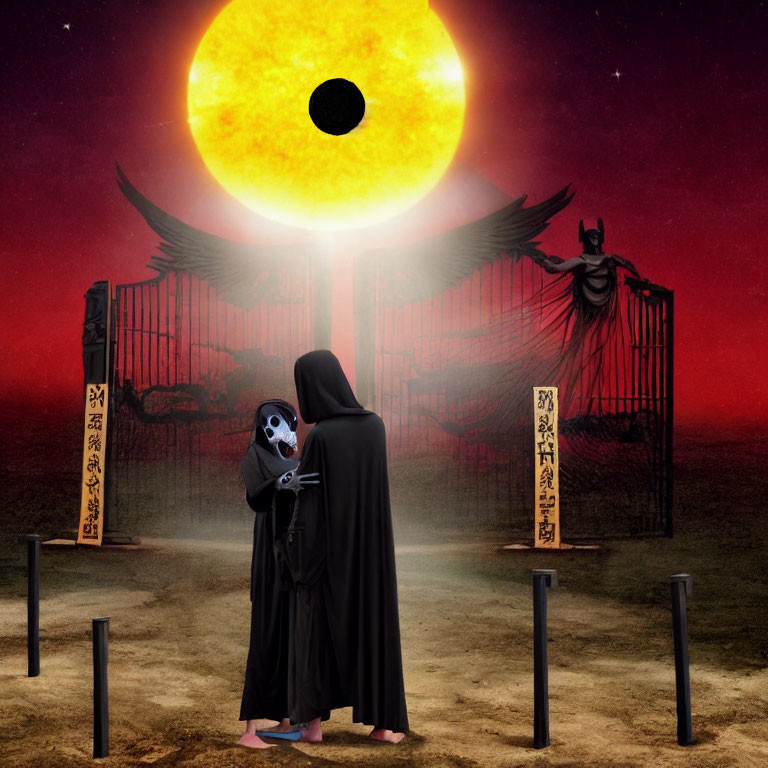 Cloaked figure with skull at surreal gate under large sun with dark winged creature.