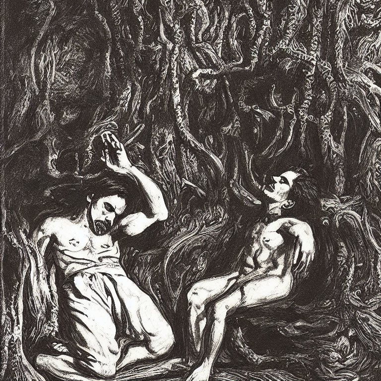 Monochrome artwork of two reclining figures in a mystical forest