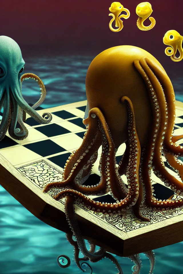 Octopuses Playing Chess on Floating Board with Dreamy Aquatic Background