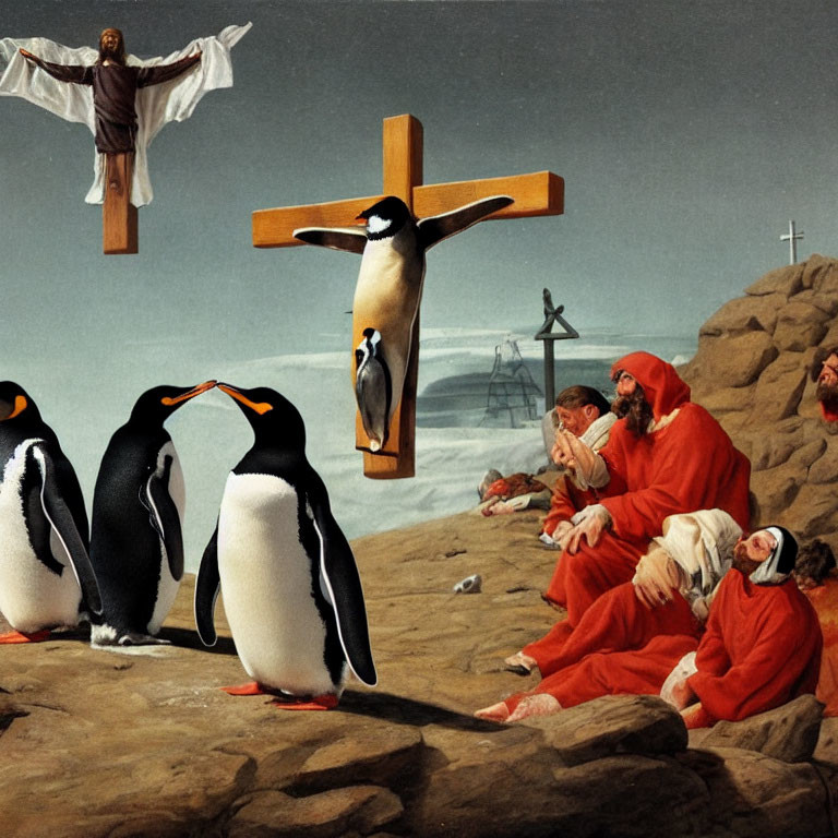 Surreal artwork featuring penguins, robed figures, and crucifixion in rocky landscape.