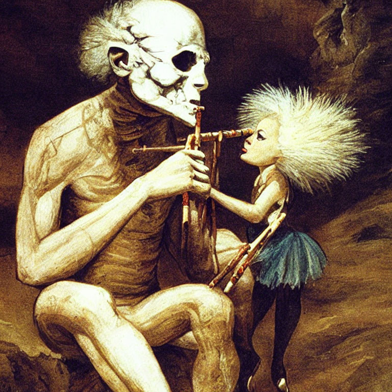Surreal artwork of skeletal figure playing flute for listening female