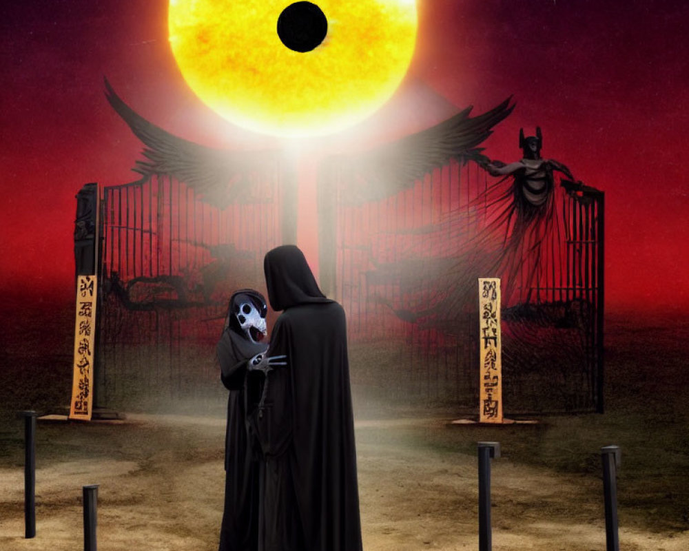 Cloaked figure with skull at surreal gate under large sun with dark winged creature.