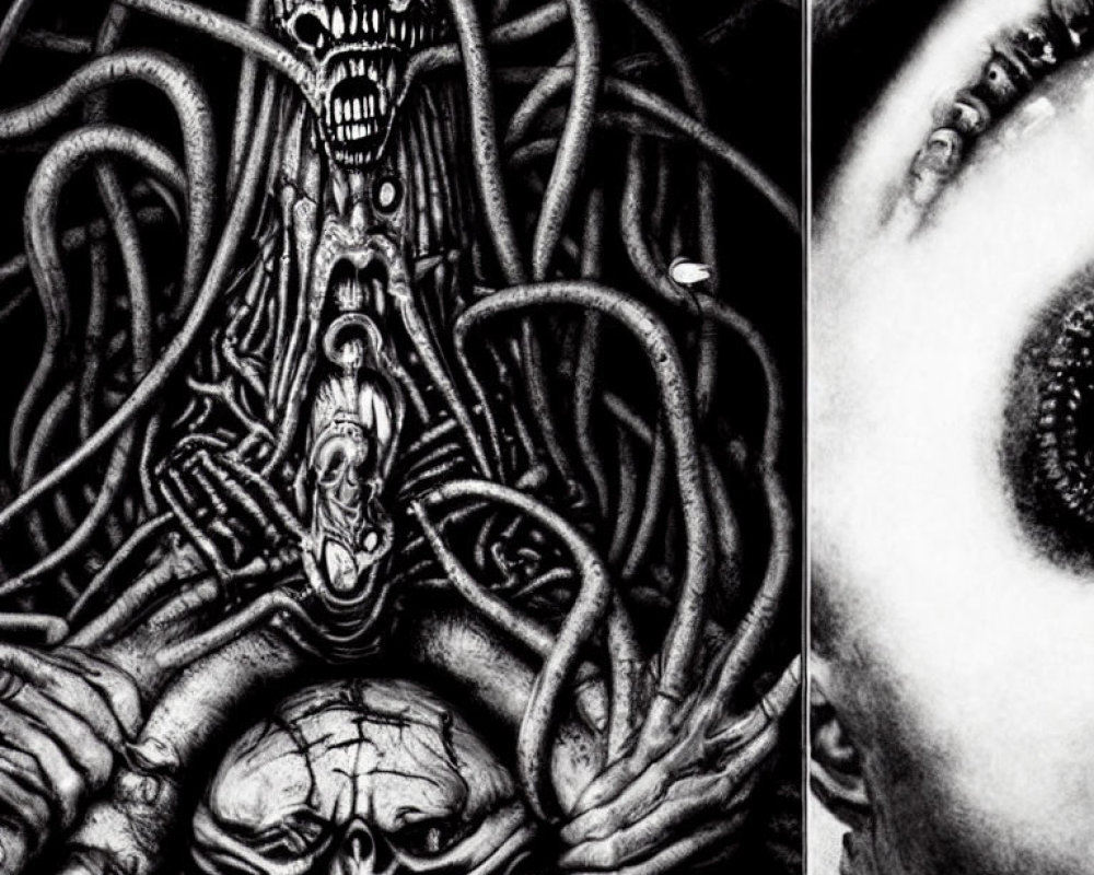 Split-image: Grotesque tentacled creature and stitched human eye