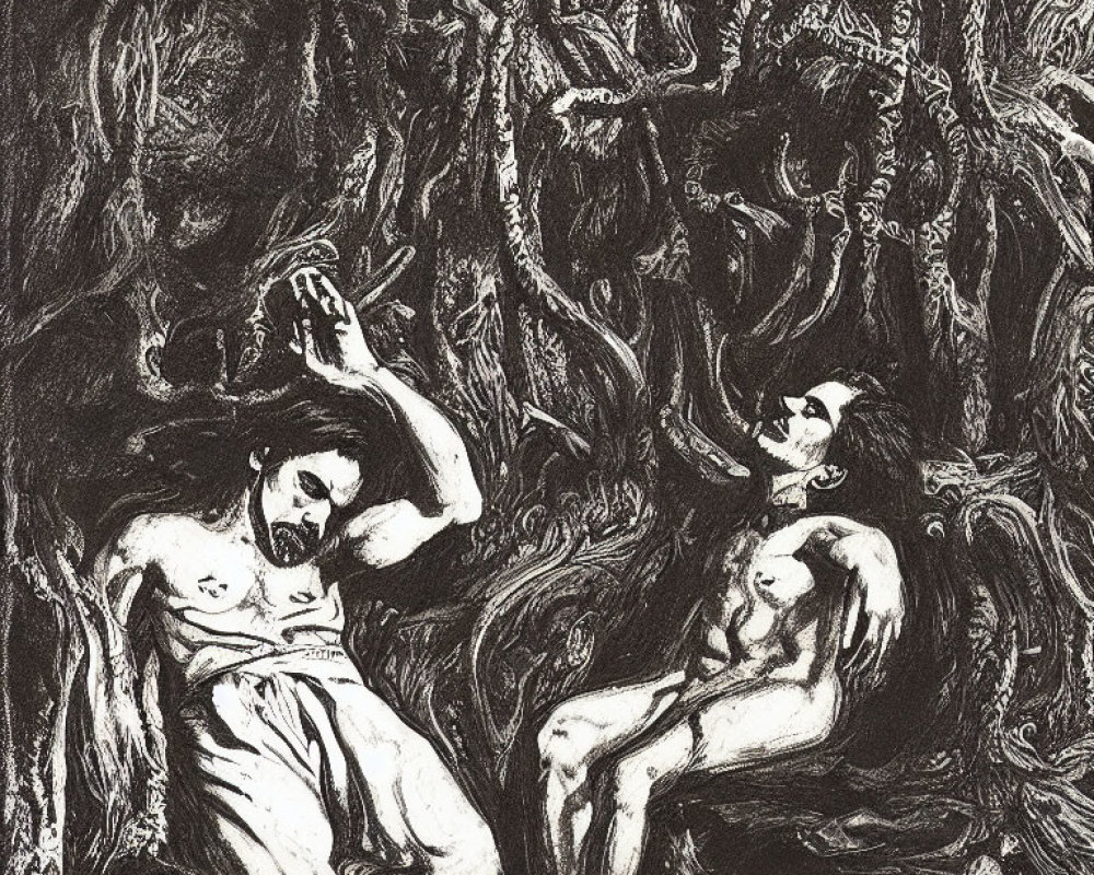 Monochrome artwork of two reclining figures in a mystical forest
