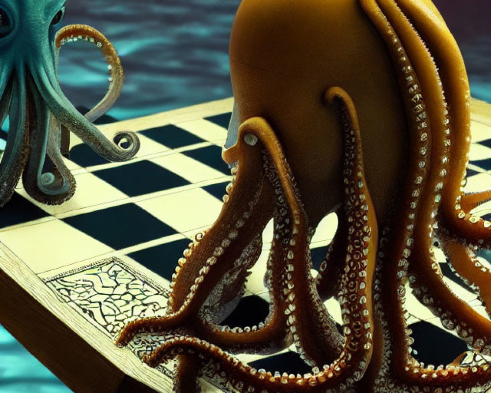 Octopuses Playing Chess on Floating Board with Dreamy Aquatic Background
