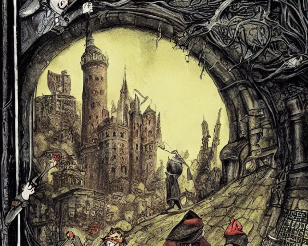 Whimsical Gothic Castle Scene with Quirky Characters