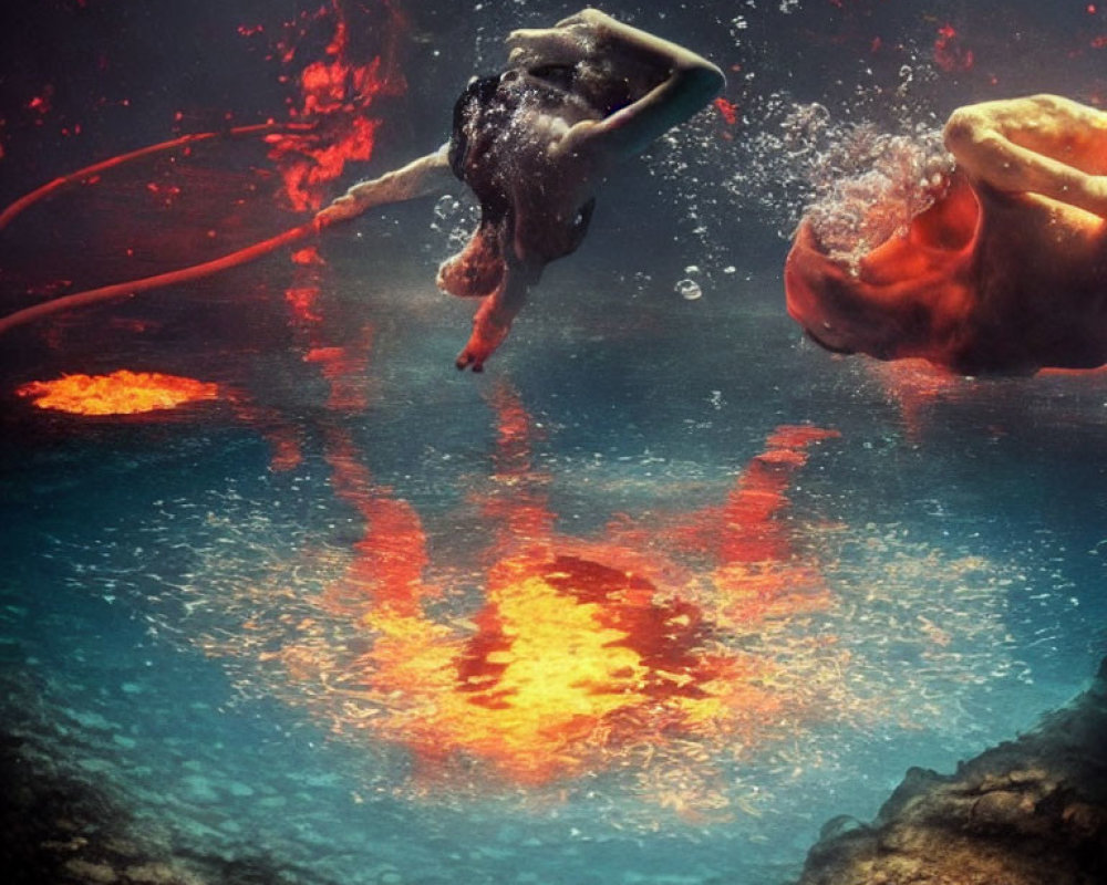 Underwater divers near glowing volcanic vents with bubbles - serene scene