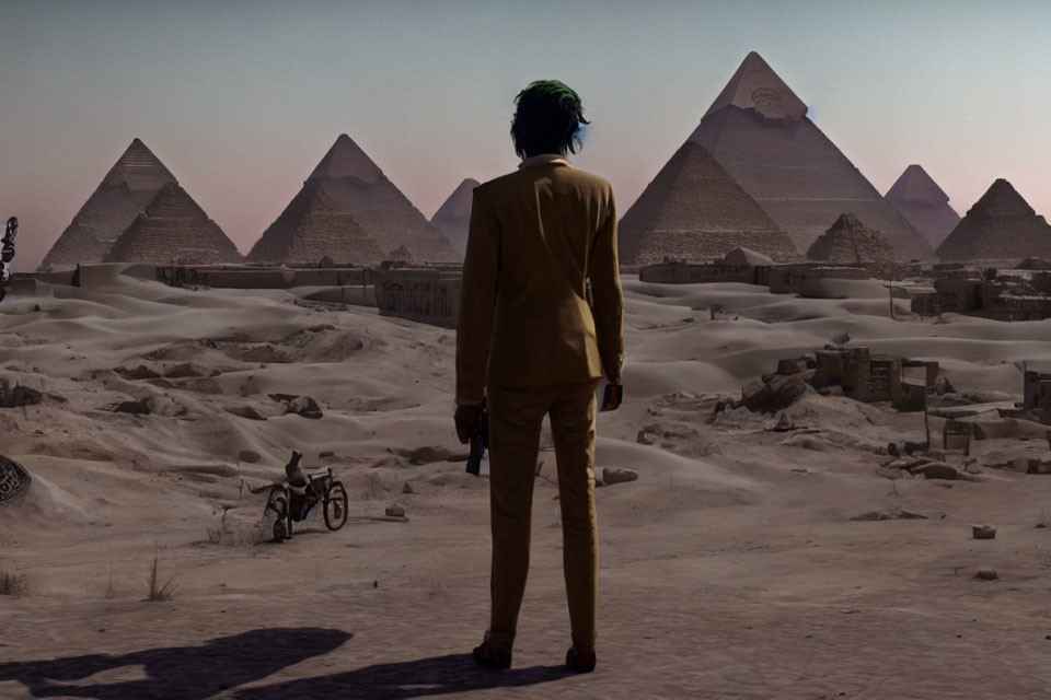 Person in Brown Suit Standing by Giza Pyramid Complex with Bicycle