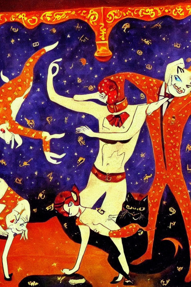 Colorful Illustration: Feline Humanoids Dancing Under Zodiac Sky