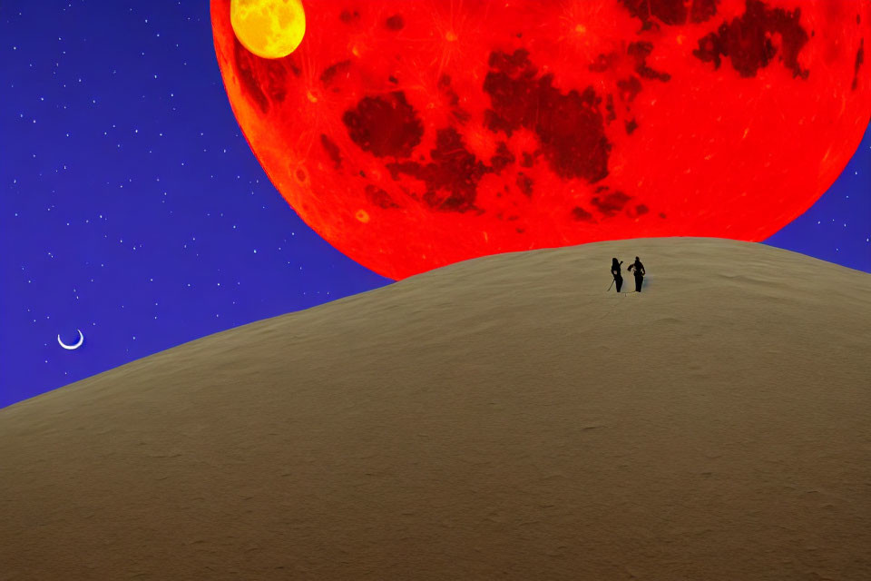 Silhouetted figures on barren hill under red moon and starry sky