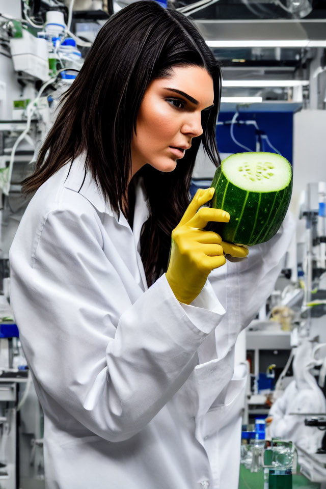 Scientist in lab coat and yellow gloves studying sliced watermelon