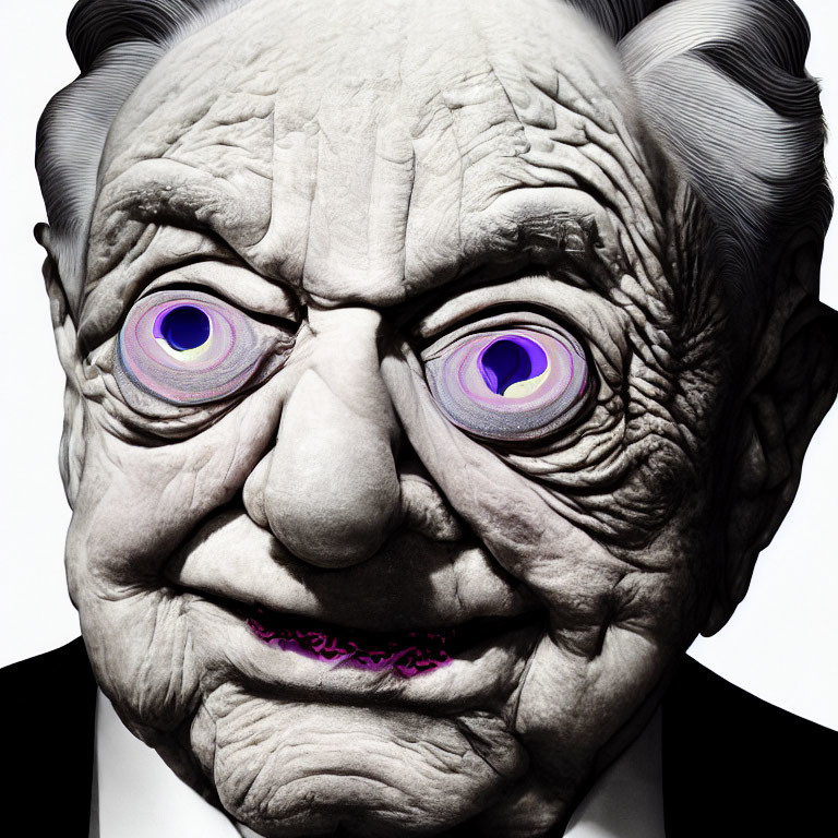 Person with Exaggerated Facial Wrinkles and Purple Eyes on Stark Background