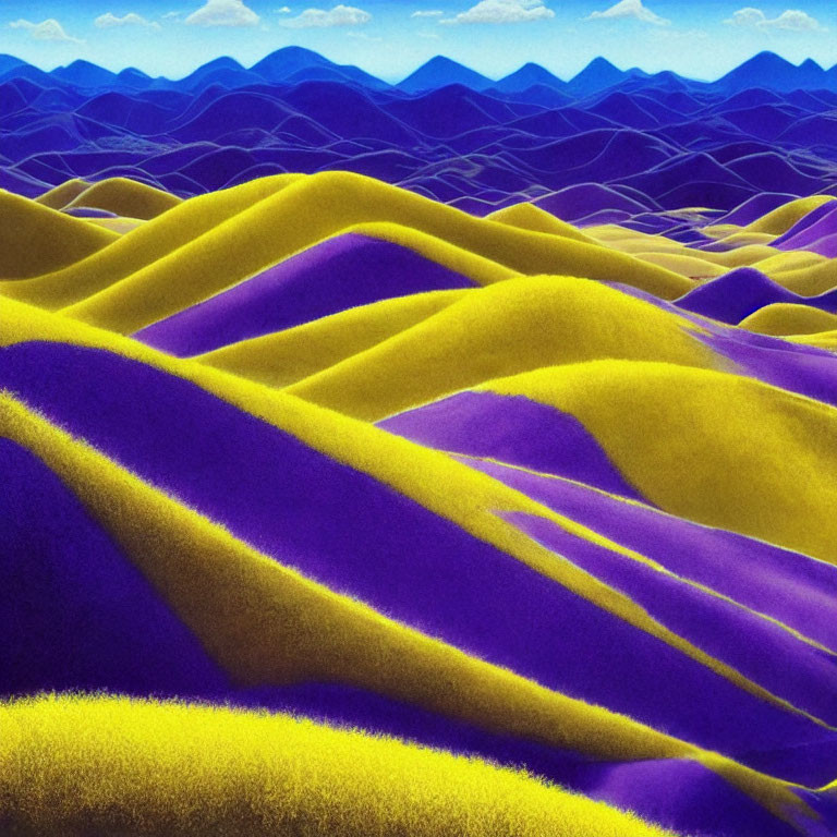 Colorful Stylized Landscape with Purple and Yellow Hills under Layered Purple Sky