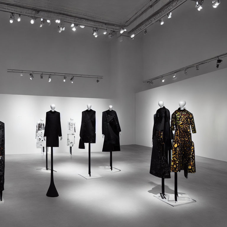 Mannequins showcasing diverse clothing styles in modern gallery