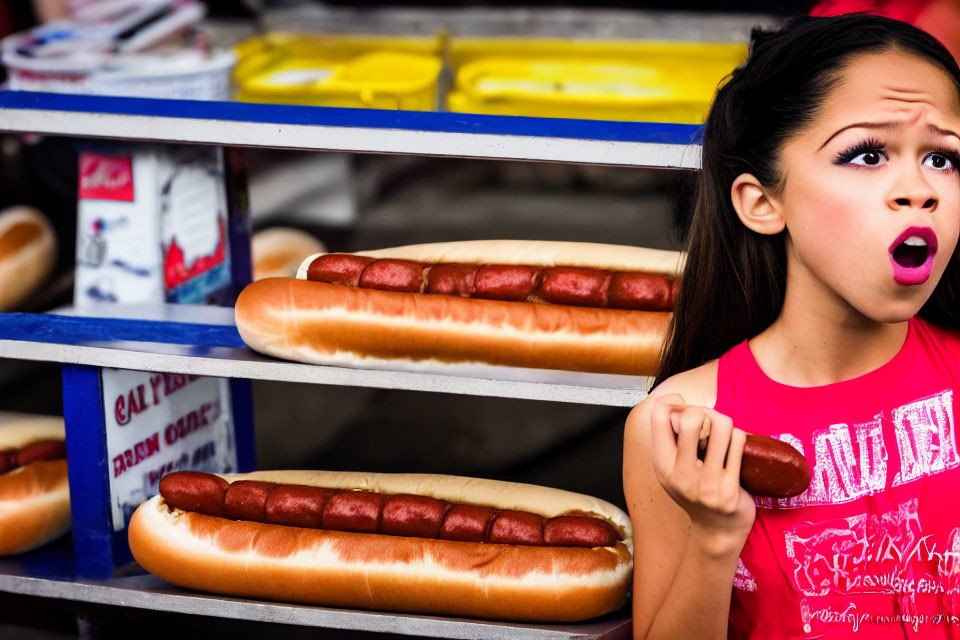 Young girl in red top gazes at hot dogs on food stand with mustard and ketchup.