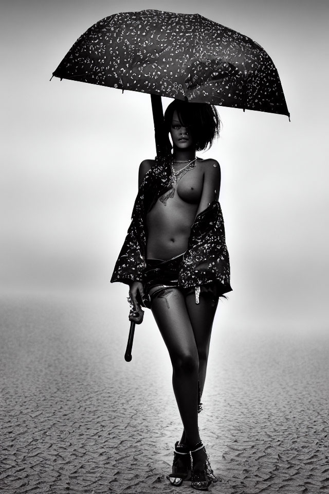 Monochrome image of a woman with umbrella on cobblestone surface