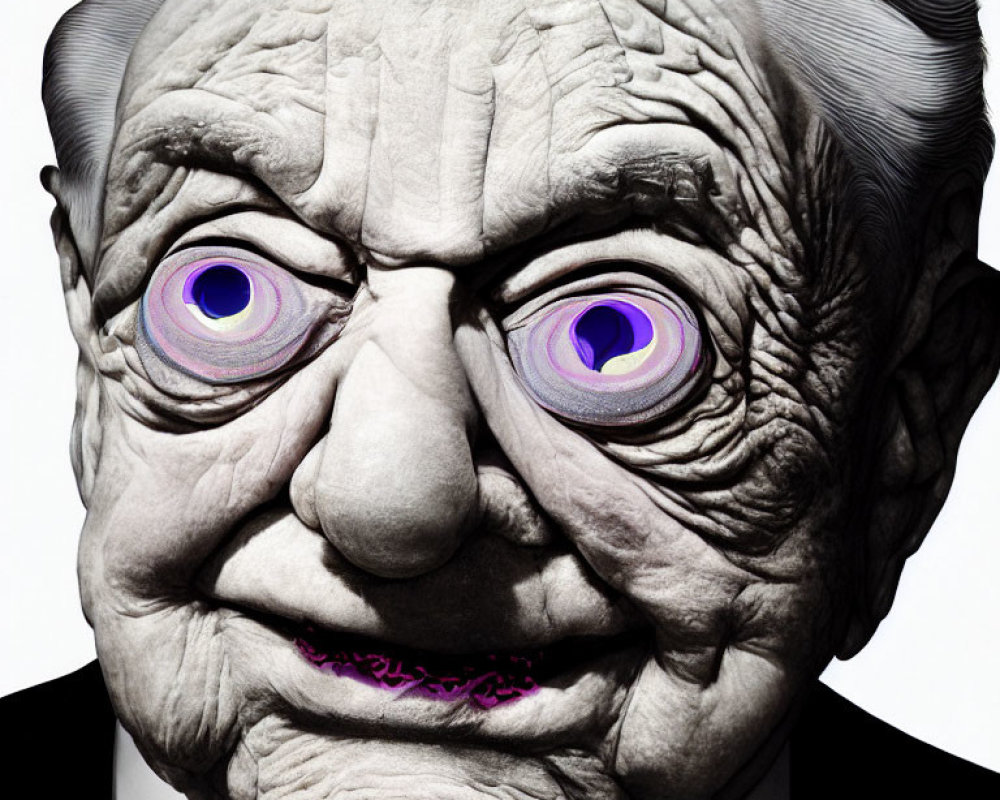 Person with Exaggerated Facial Wrinkles and Purple Eyes on Stark Background