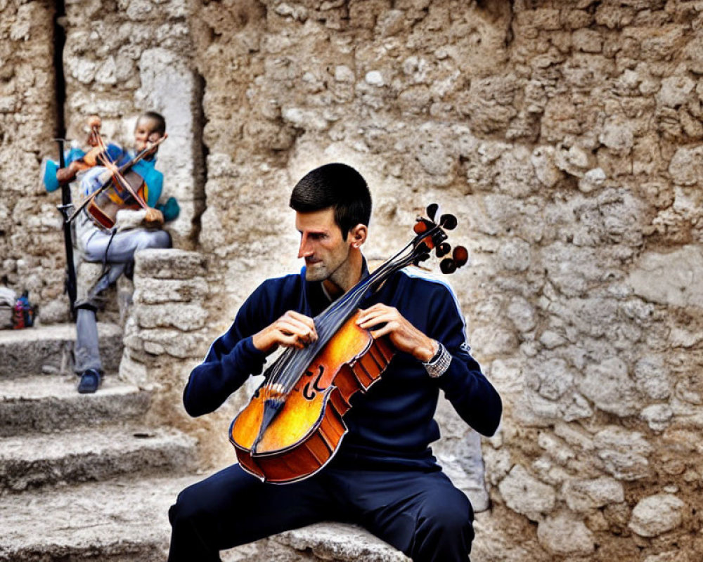 Two musicians playing violin and viola against stone walls