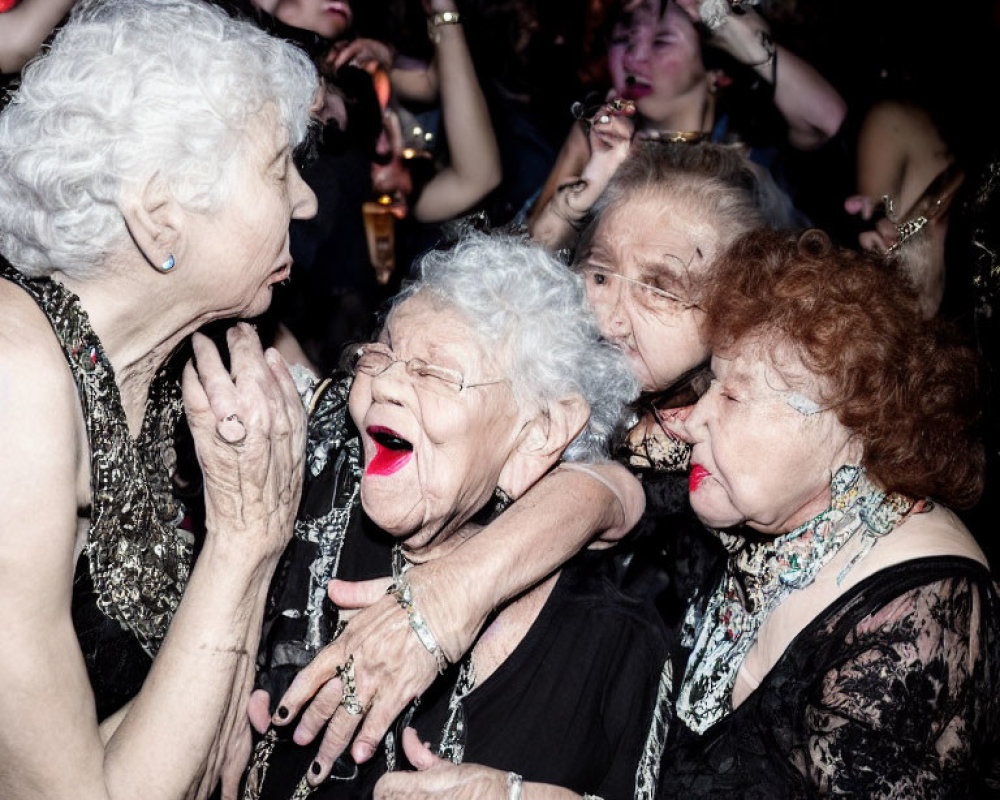 Elderly women dancing and embracing at lively party
